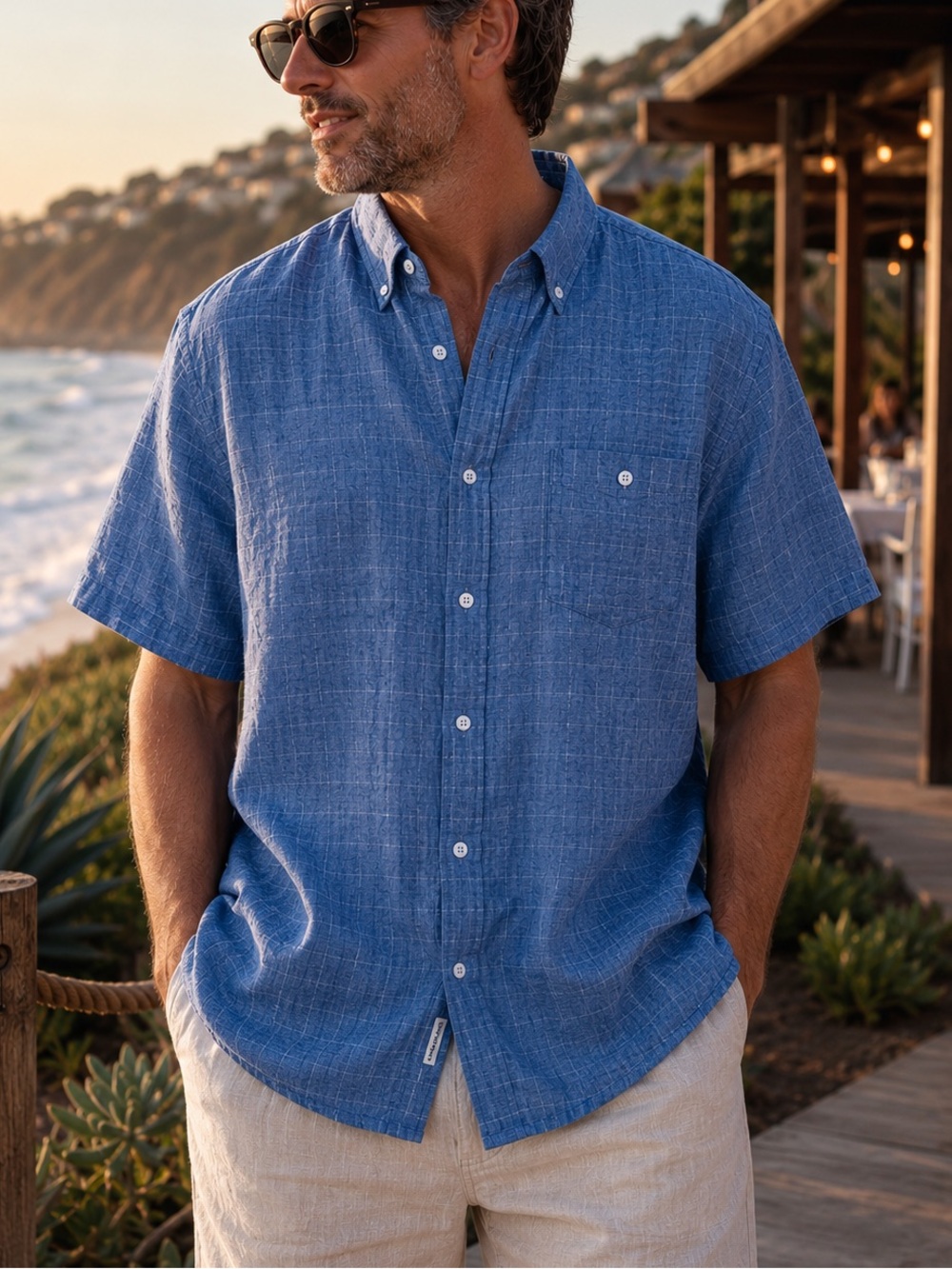 Weatherproof Vintage Linen Blend Shirt XXL Blue Coastal Beach Button Down